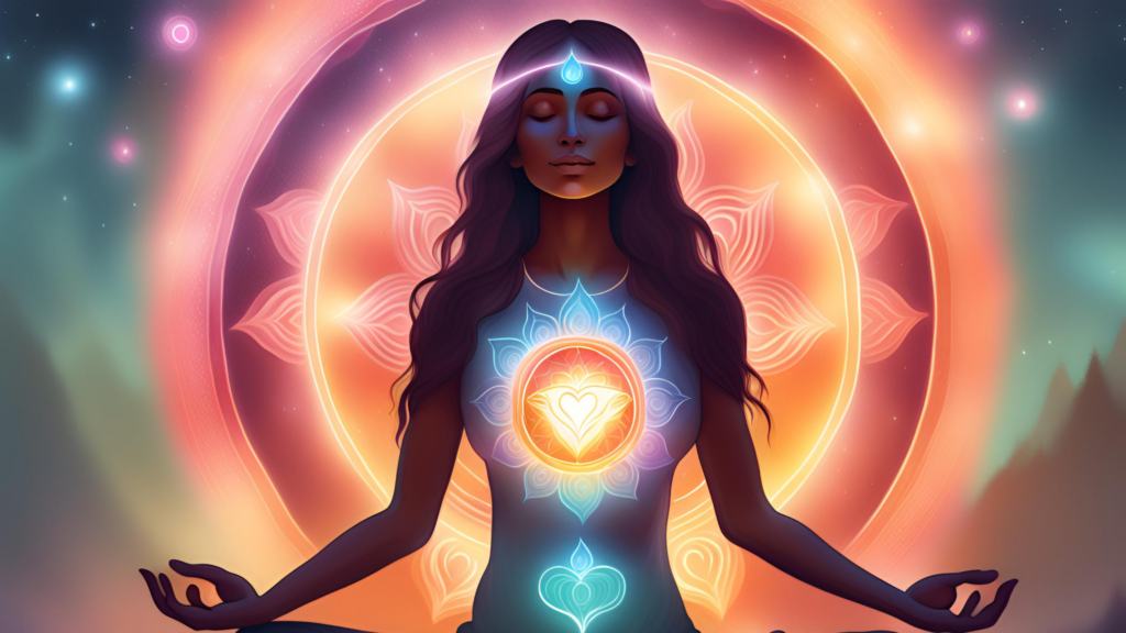  Radiant Goddess Meditating with Glowing Heart and Sacral Chakras